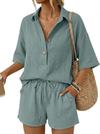 🔥🔥Time-Limited Special Price: $46.99!!⏰Women 2 Piece Linen Short Sets 2026 Summer Vacation V Neck Short Sleeve Beach Outfits Oversized Button Cotton Pjs