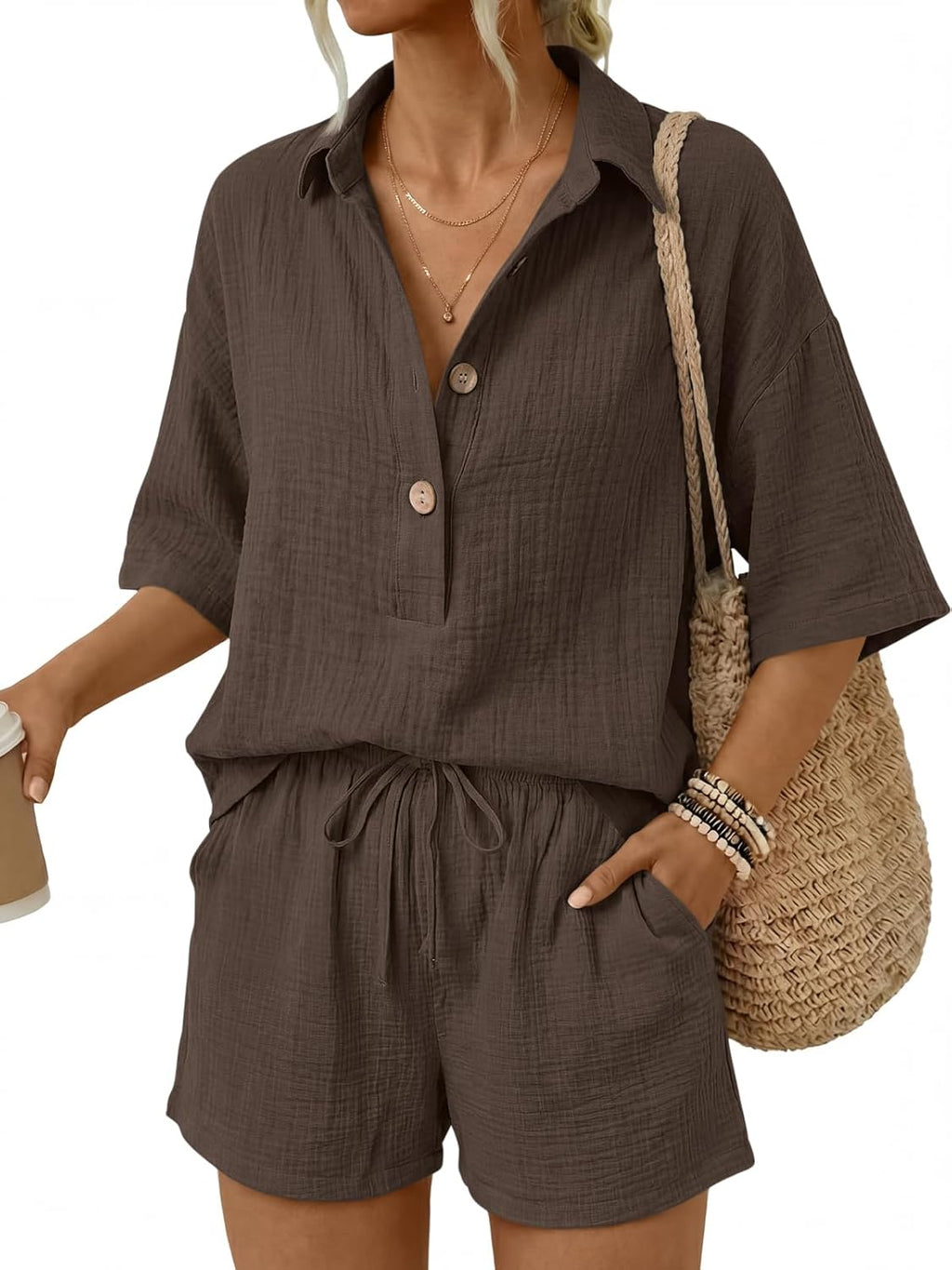 🔥🔥Time-Limited Special Price: $46.99!!⏰Women 2 Piece Linen Short Sets 2026 Summer Vacation V Neck Short Sleeve Beach Outfits Oversized Button Cotton Pjs