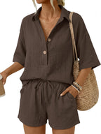 🔥🔥Time-Limited Special Price: $46.99!!⏰Women 2 Piece Linen Short Sets 2026 Summer Vacation V Neck Short Sleeve Beach Outfits Oversized Button Cotton Pjs