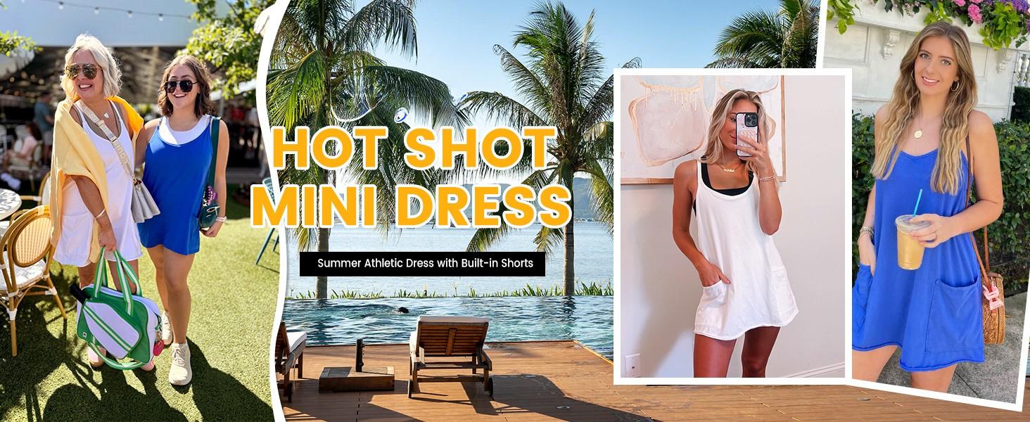 💝💝 Women's Summer Sleeveless Mini Dress with Built-in Shorts V Neck Spaghetti Straps Athletic Shorts Tennis Dress with Pockets
