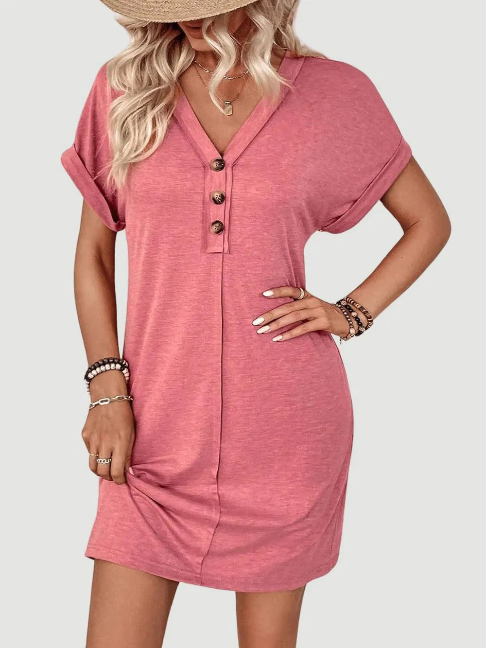 🌷🌷Francesca Quarter Button V-Neck Short Sleeve Dress