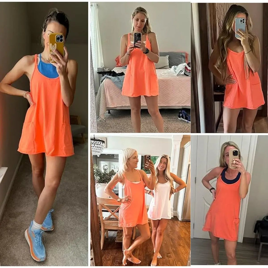 💝💝 Women's Summer Sleeveless Mini Dress with Built-in Shorts V Neck Spaghetti Straps Athletic Shorts Tennis Dress with Pockets