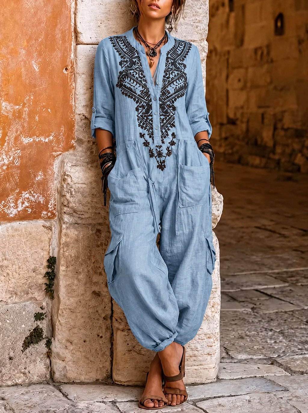 📦📦LAST DAY SAVE 49% ⏰Women's V-neck Long-sleeve Casual Loose Cotton-linen Wide-leg Jumpsuit With Placement Print
