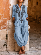 📦📦LAST DAY SAVE 49% ⏰Women's V-neck Long-sleeve Casual Loose Cotton-linen Wide-leg Jumpsuit With Placement Print