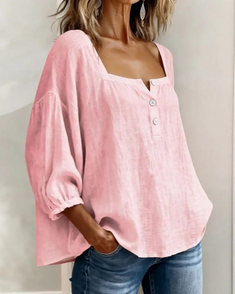 🌿🌿Pink Square-Neck Half-Button Shirt