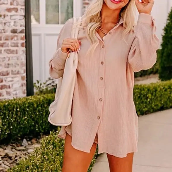 🌿🌿Limited time sale🔥Women's Gauze Button Long-Sleeved and Shorts Set