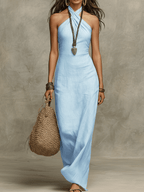 🌷🌷Relaxed Soft Drape Halter Column Linen Halter Maxi Dress