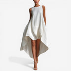 🌷🌷Women's White Linen Fabric Sleeveless Midi Dress With Round Neck & Asymmetric Hem