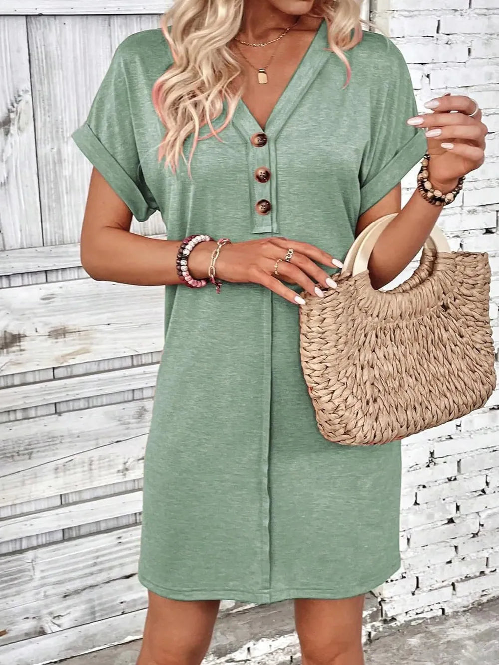 🌷🌷Francesca Quarter Button V-Neck Short Sleeve Dress