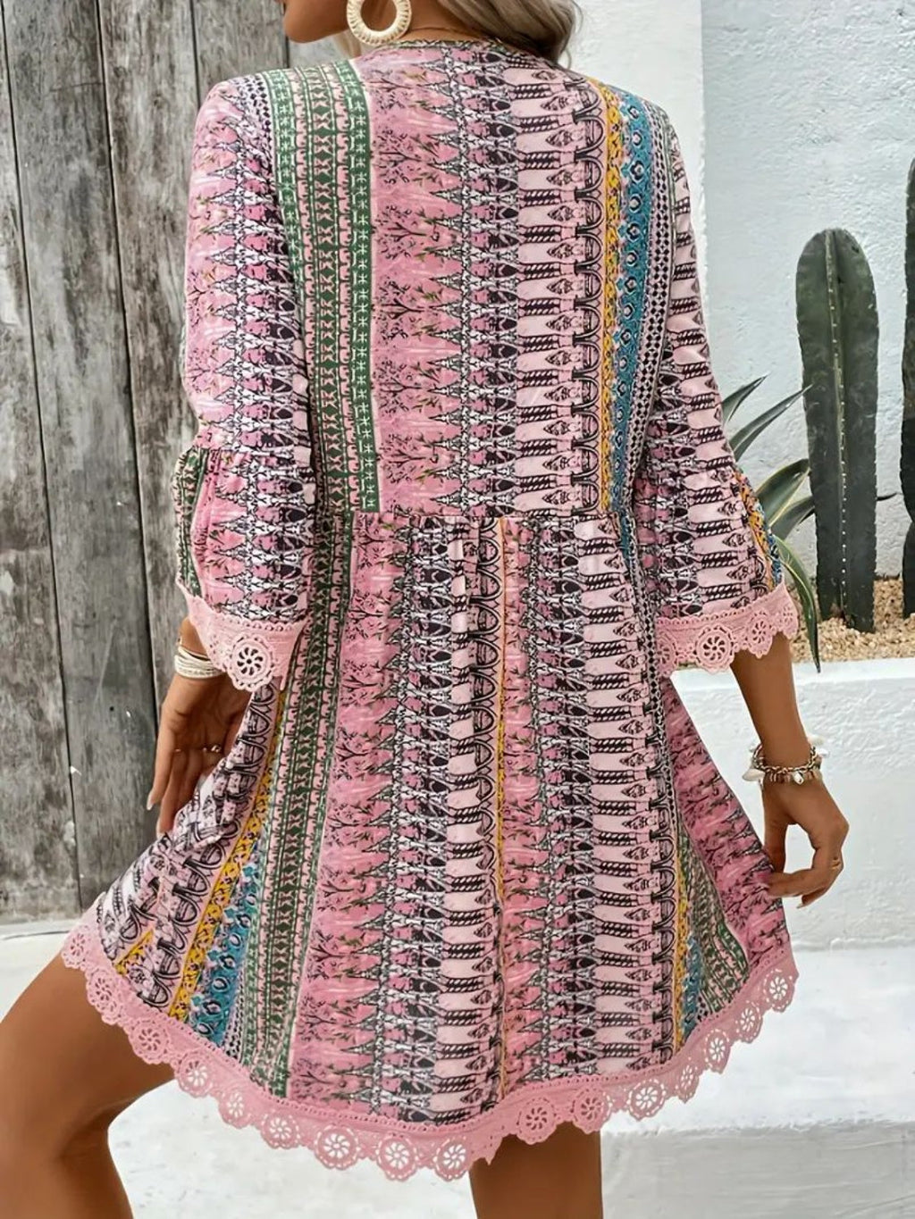 🌷🌷Lace Trim Printed V-Neck 3/4 Sleeve Dress(S-5XL)