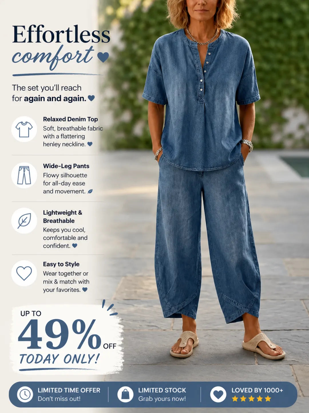 🌿🌿Today 49% off🔥Women’s Denim Henley Top & Wide Leg Pants Set