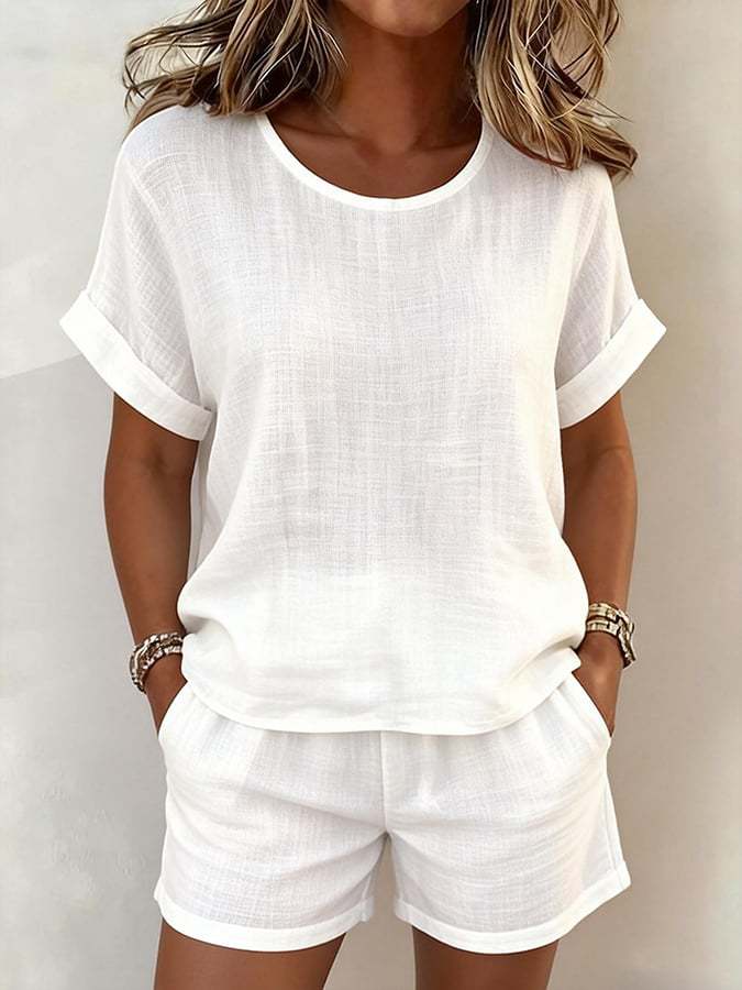 🌷Solid-Color T-Shirt & Shorts Set – Cotton Linen, 10 Colors