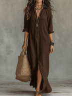 🌷🌷Black Button-Front Bohemian Shirt Maxi Dress