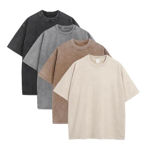 💚💚4 Pack Oversized Tshirts for Men Gym Vintage Heavyweight T Shirts Cotton Workout Acid Wash Baggy Tees