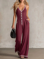 🌷Women's V-Neck Backless Wide-Leg Jumpsuit – High Waist Casual