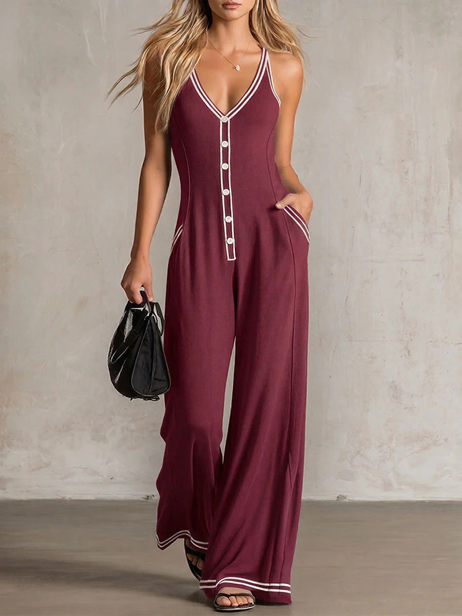🌷Women's V-Neck Backless Wide-Leg Jumpsuit – High Waist Casual