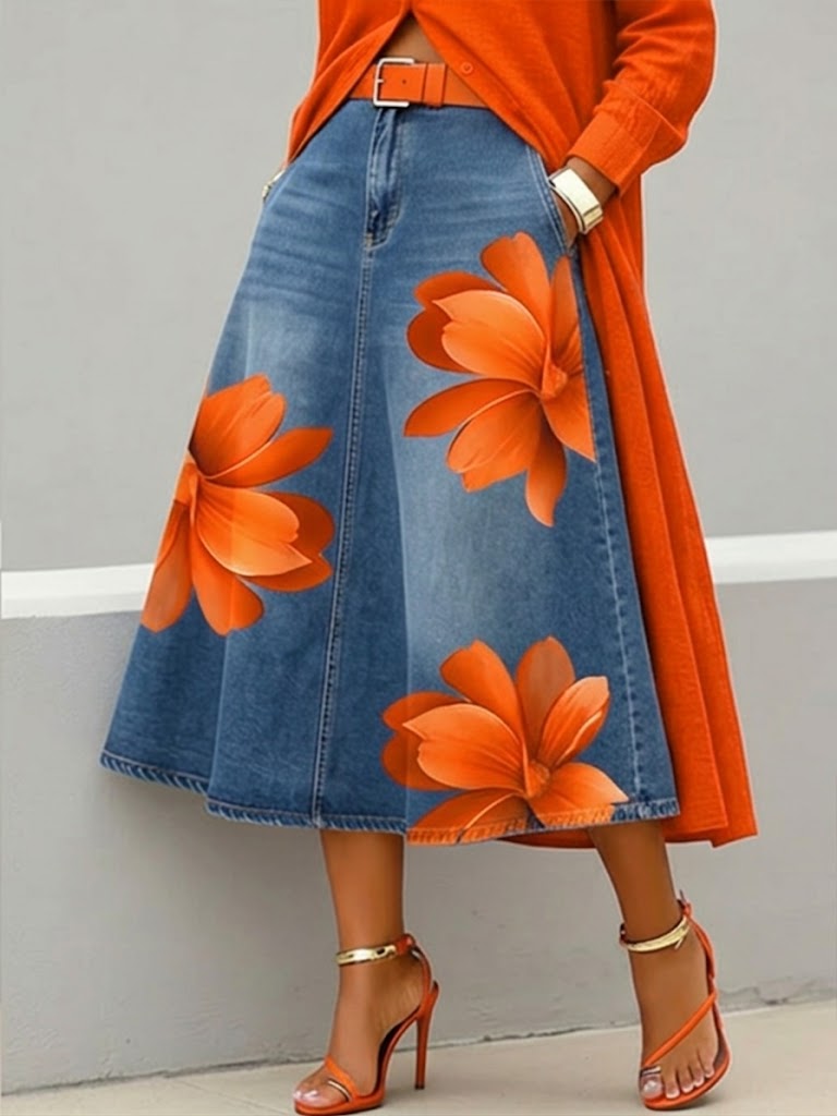📦📦LAST DAY SAVE 49% ⏰Casual Artistic Floral-print A-line Denim Skirt