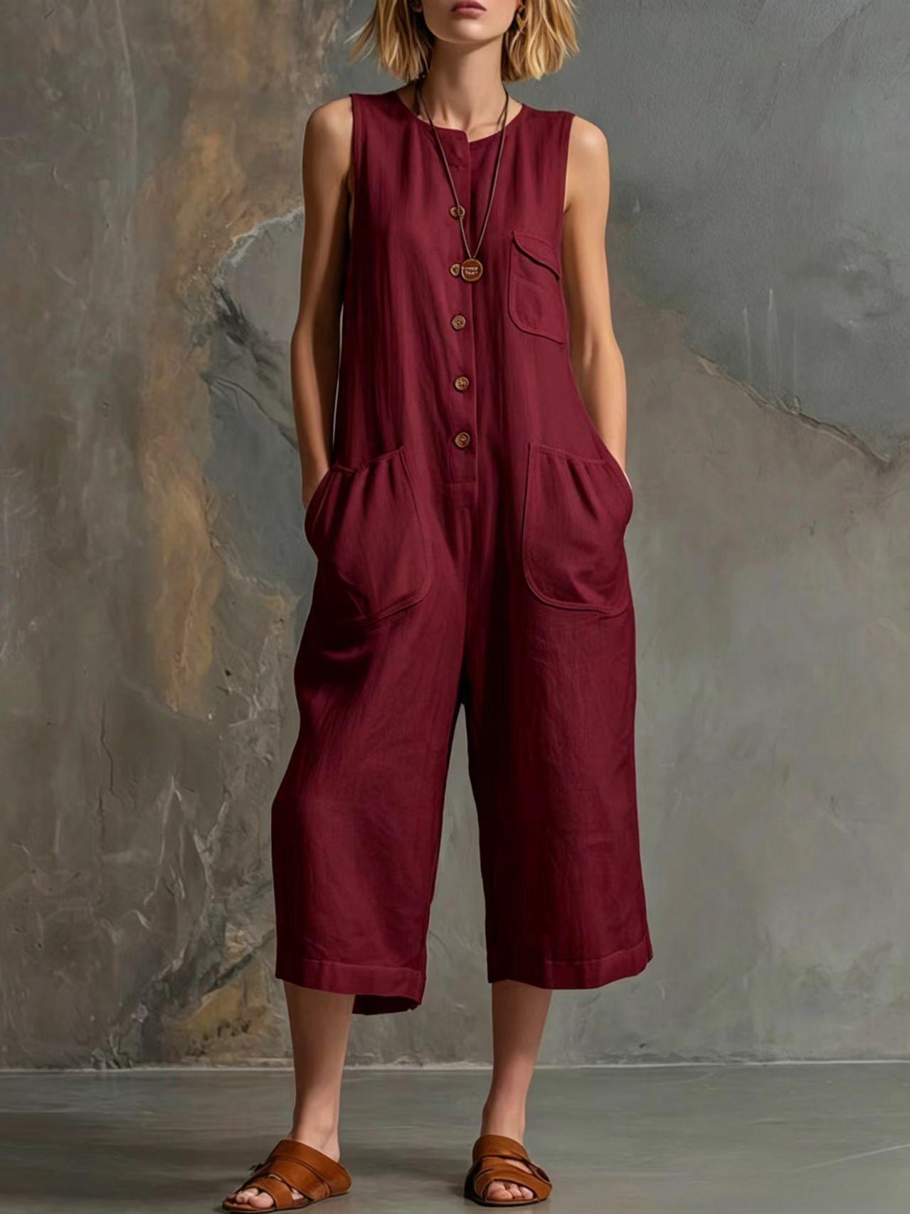 🌷Retro Sleeveless Cotton-Linen Wide-Leg Cropped Jumpsuit