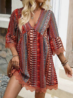 🌷🌷Lace Trim Printed V-Neck 3/4 Sleeve Dress(S-5XL)