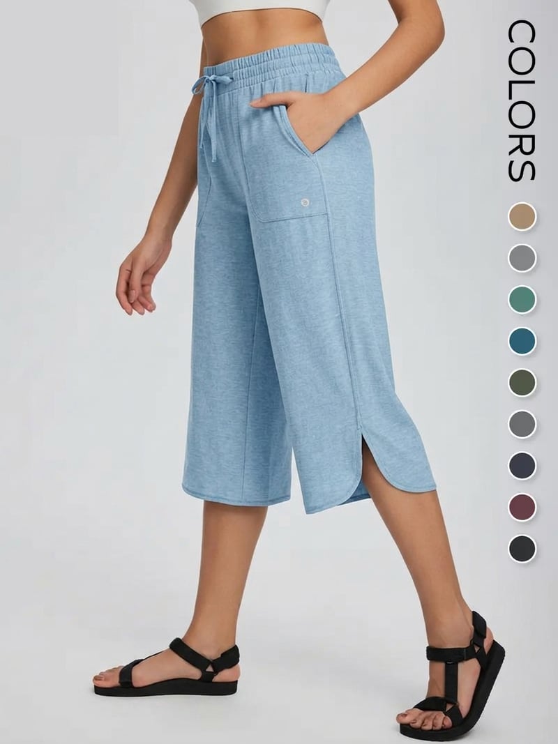 🌷 Women's Wide Leg Yoga Capris – High Waisted with Pockets, Quick Dry, Lightweight, UPF 50+ Sun Protection – Loose Comfy for Hiking, Gym, Travel & Outdoor Workout ☀️