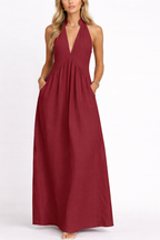 🌿🌿Limited time sale🔥Women's Halter Neck Deep V Maxi Dress with Pockets
