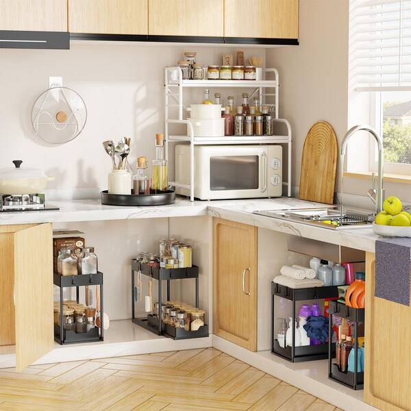 2 Tier Under Sink and Cabinet Organizer with Pull Out and Slide Out for Kitchen and Bathroom Storage, White (2-Pack)