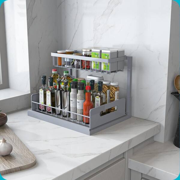 2 Tier Under Sink and Cabinet Organizer with Pull Out and Slide Out for Kitchen and Bathroom Storage, White (2-Pack)