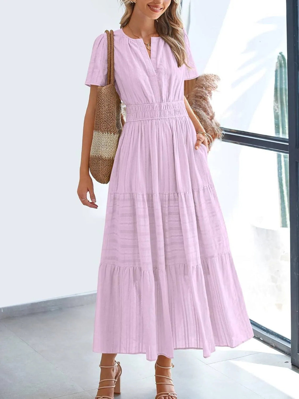 🔥🔥🔥Limited time sale Women's Lightweight Short Sleeve V Neck Elastic Waist Dresses