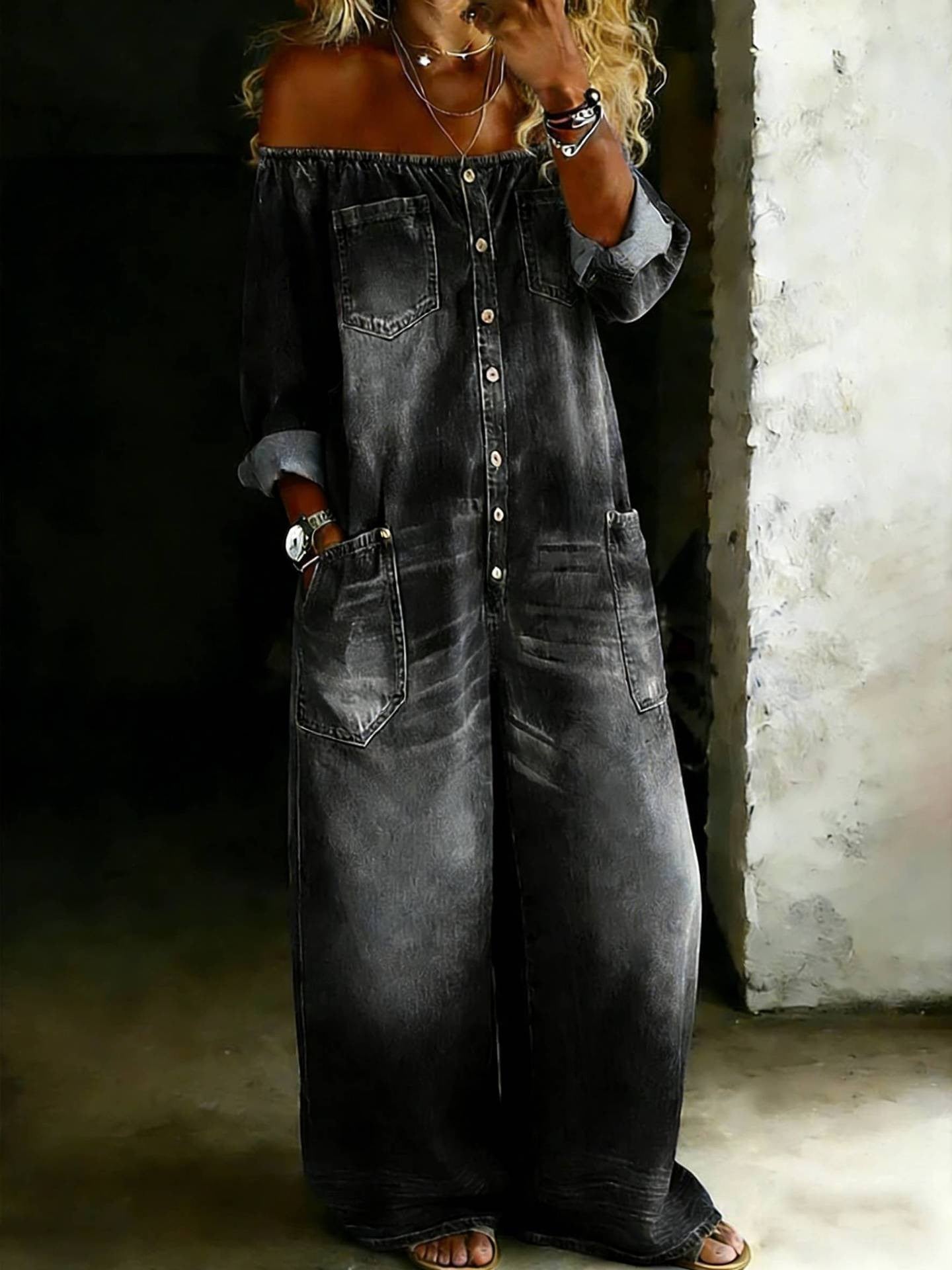 💝💝Women's Casual Long-sleeved Washed Cotton Denim Jumpsuit