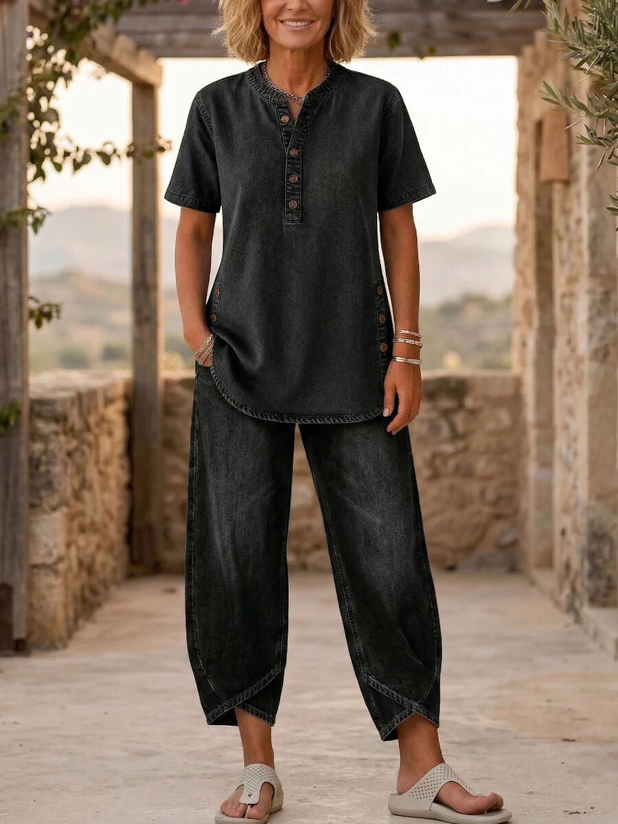🌿🌿Today 49% off🔥Women’s Denim Henley Top & Wide Leg Pants Set