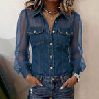 🌷🌷Women's Casual Denim Patchwork Chiffon See Through Button Pocket Long Sleeve Blouse