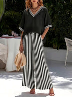 📦📦Casual Two-piece Set: Striped Linen & Cotton Patchwork Top And Striped Trousers— Look Put Together in 5 Seconds