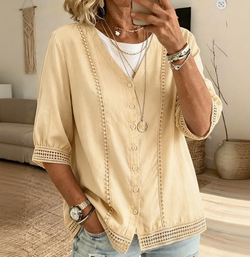 💝💝Women's Casual Three-quarter Sleeve V-neck Lace Cotton Linen Cardigan Shirt