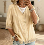 💝💝Women's Casual Three-quarter Sleeve V-neck Lace Cotton Linen Cardigan Shirt