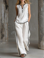 🌷🌷Contrast Trim Sleeveless Top & Wide-Leg Pants Two-Piece Set