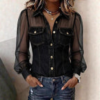🌷🌷Women's Casual Denim Patchwork Chiffon See Through Button Pocket Long Sleeve Blouse