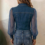 🌷🌷Women's Casual Denim Patchwork Chiffon See Through Button Pocket Long Sleeve Blouse