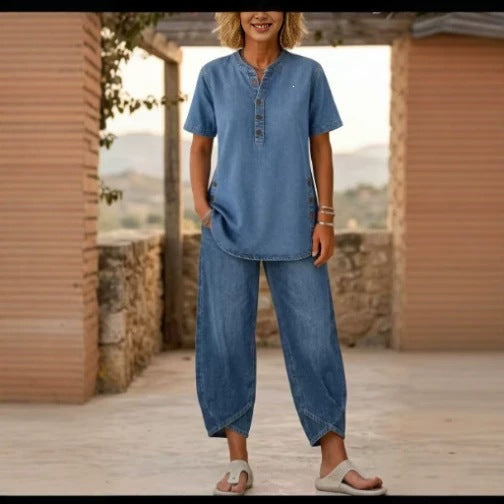 🌿🌿Today 49% off🔥Women’s Denim Henley Top & Wide Leg Pants Set