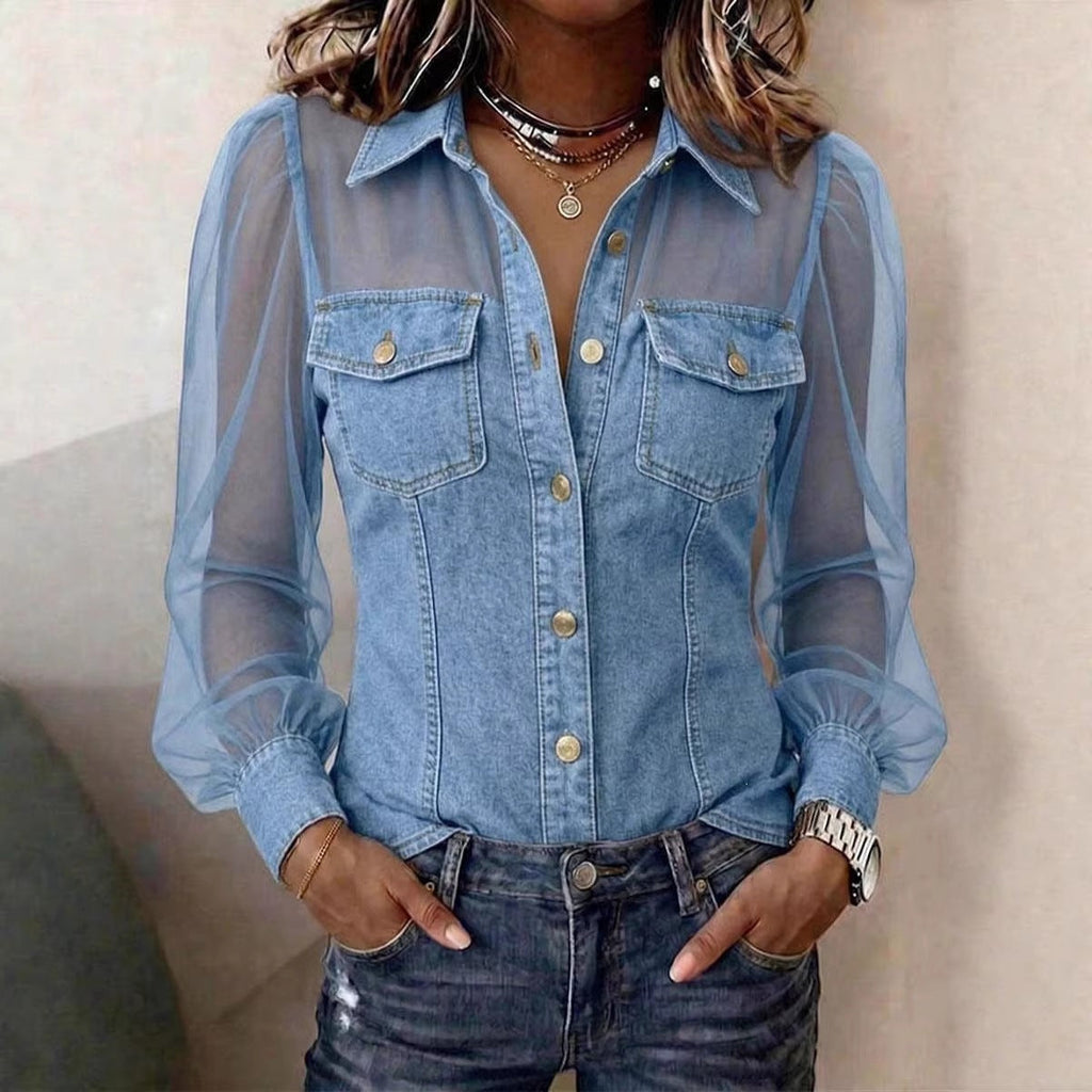 🌷🌷Women's Casual Denim Patchwork Chiffon See Through Button Pocket Long Sleeve Blouse