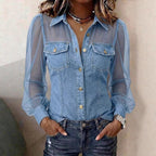🌷🌷Women's Casual Denim Patchwork Chiffon See Through Button Pocket Long Sleeve Blouse
