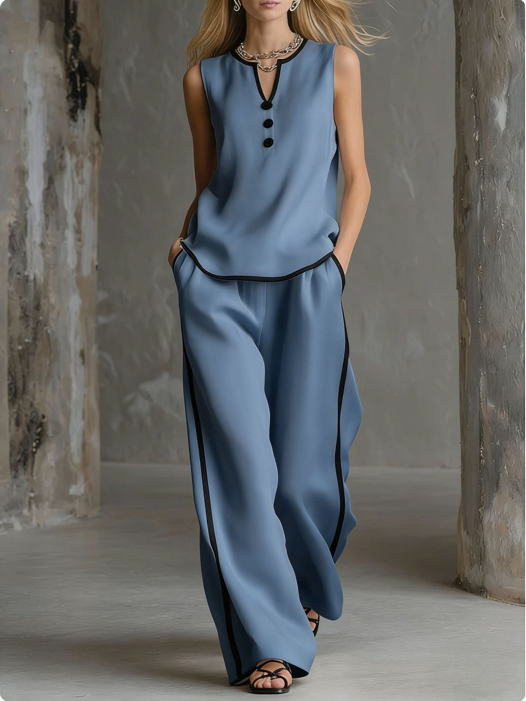 🌷🌷Contrast Trim Sleeveless Top & Wide-Leg Pants Two-Piece Set