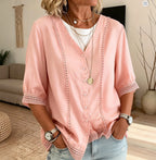 💝💝Women's Casual Three-quarter Sleeve V-neck Lace Cotton Linen Cardigan Shirt