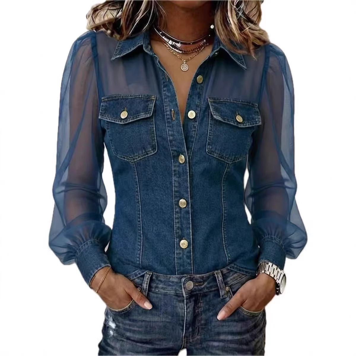 🌷🌷Women's Casual Denim Patchwork Chiffon See Through Button Pocket Long Sleeve Blouse
