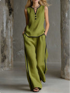🌷🌷Contrast Trim Sleeveless Top & Wide-Leg Pants Two-Piece Set