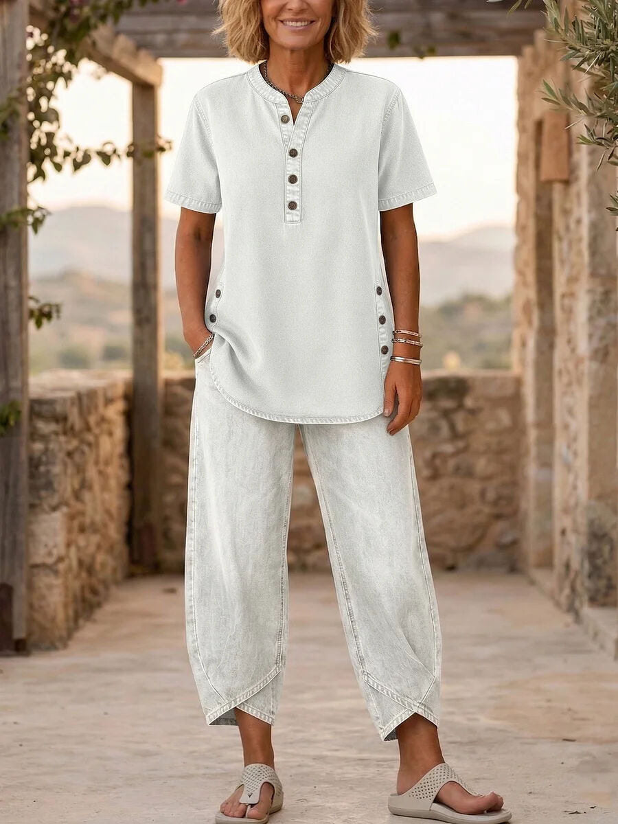 🌿🌿Today 49% off🔥Women’s Denim Henley Top & Wide Leg Pants Set