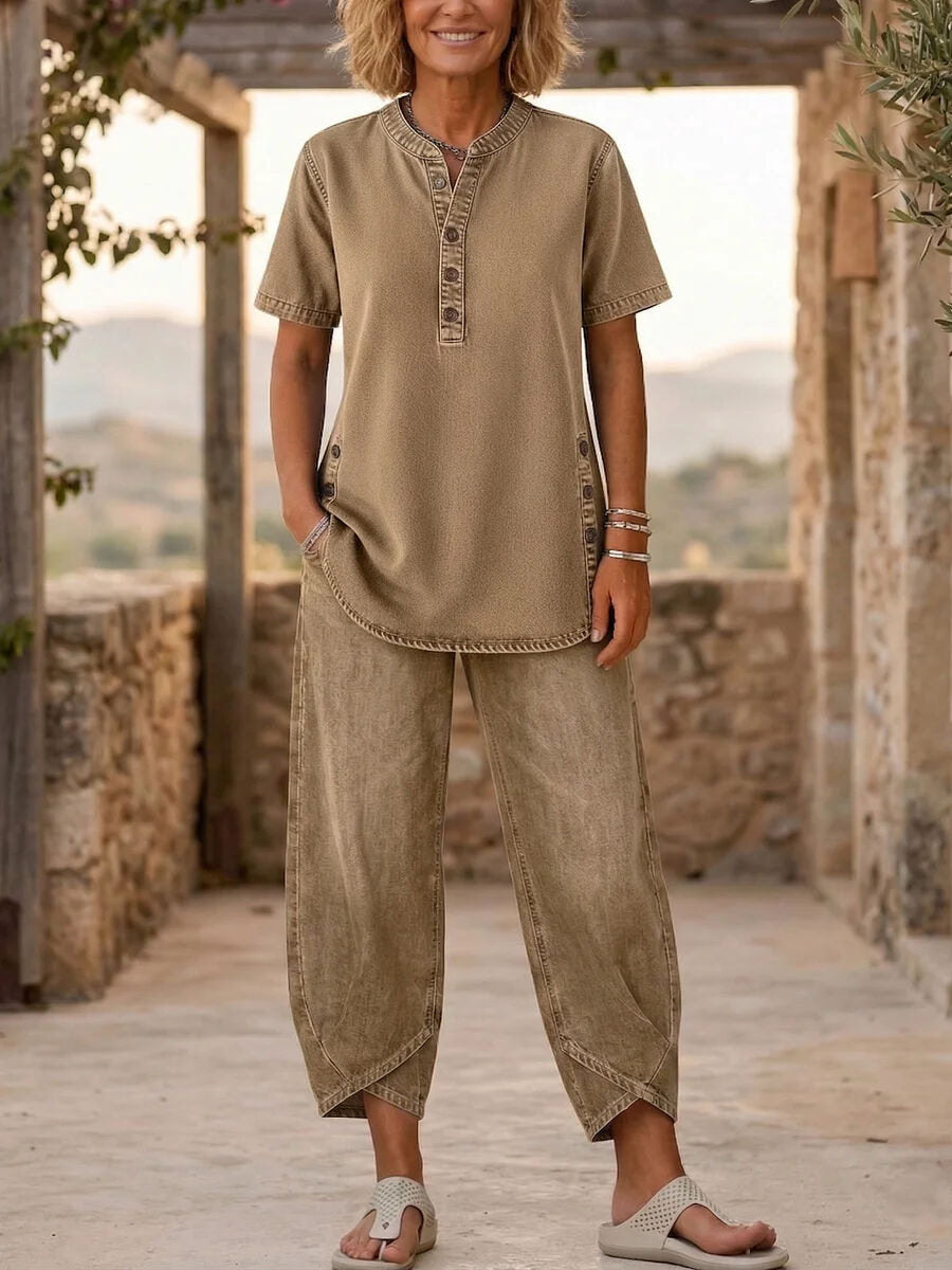 🌿🌿Today 49% off🔥Women’s Denim Henley Top & Wide Leg Pants Set