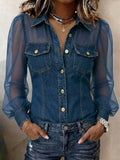 🌷🌷Women's Casual Denim Patchwork Chiffon See Through Button Pocket Long Sleeve Blouse