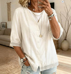 💝💝Women's Casual Three-quarter Sleeve V-neck Lace Cotton Linen Cardigan Shirt