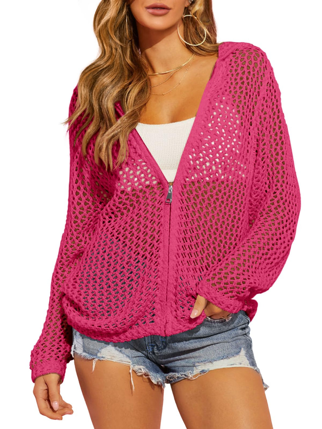 🔥🔥🔥Hot Sale 36% OFF2026 Womens Crochet Lightweight Cardigans Zip Up Hooded Cover Up