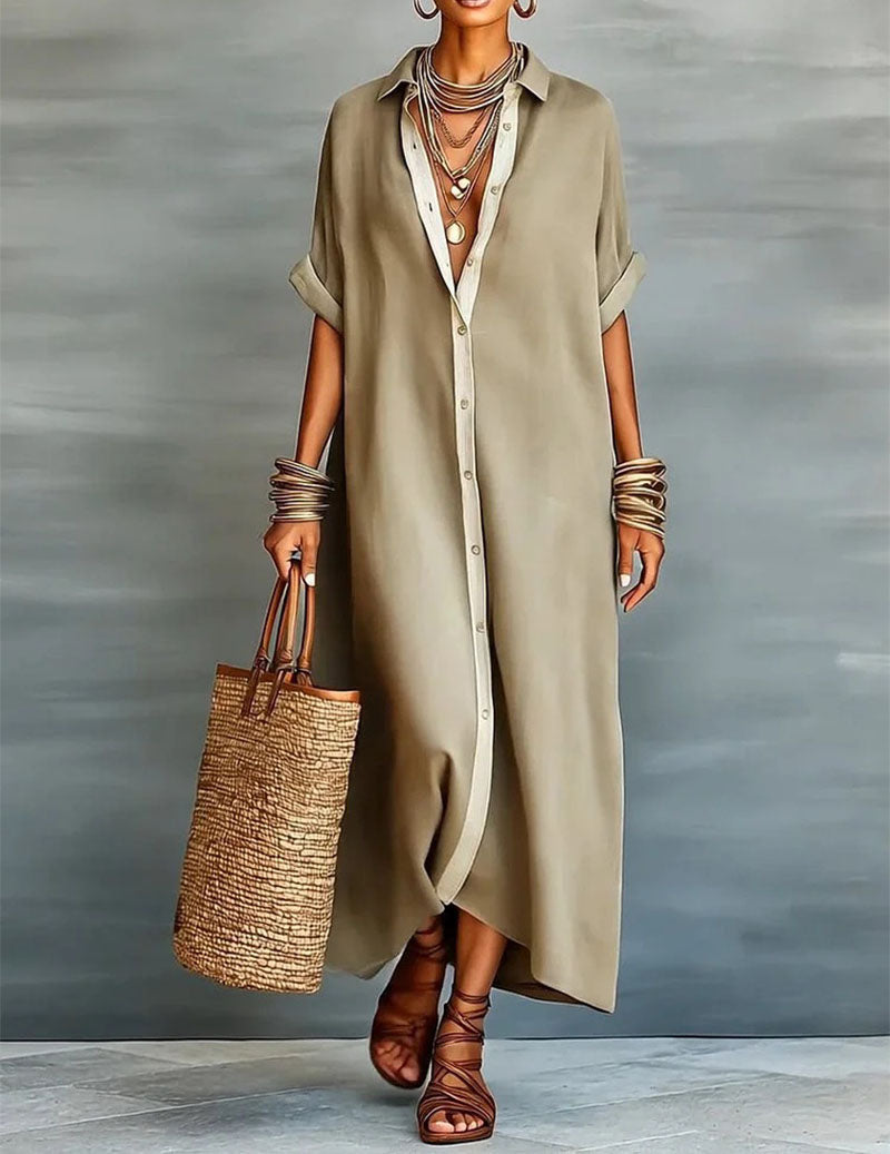 🌷🌷Oversized Button Down Shirt Dress Casual Collared Contrast Dress
